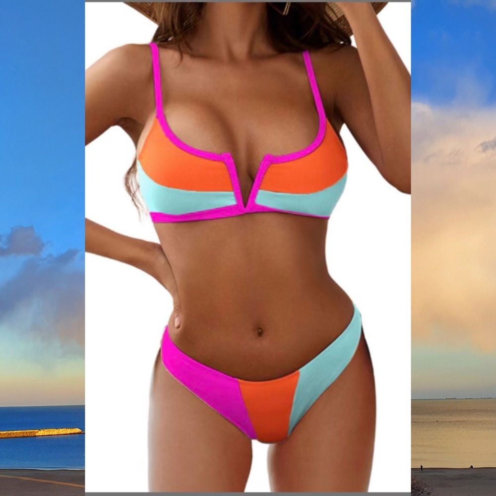 Women’s Colorblock V-Notch Bikini Top and Bottom Set - Pink/Orange/Light Blue